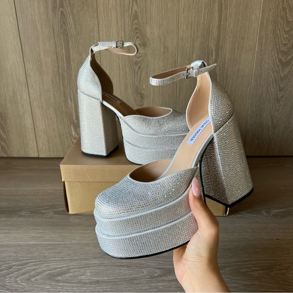 Steve Madden Charlize Platform Silver Rhinestone Chunky Heels Worn once - Picture 8 of 16